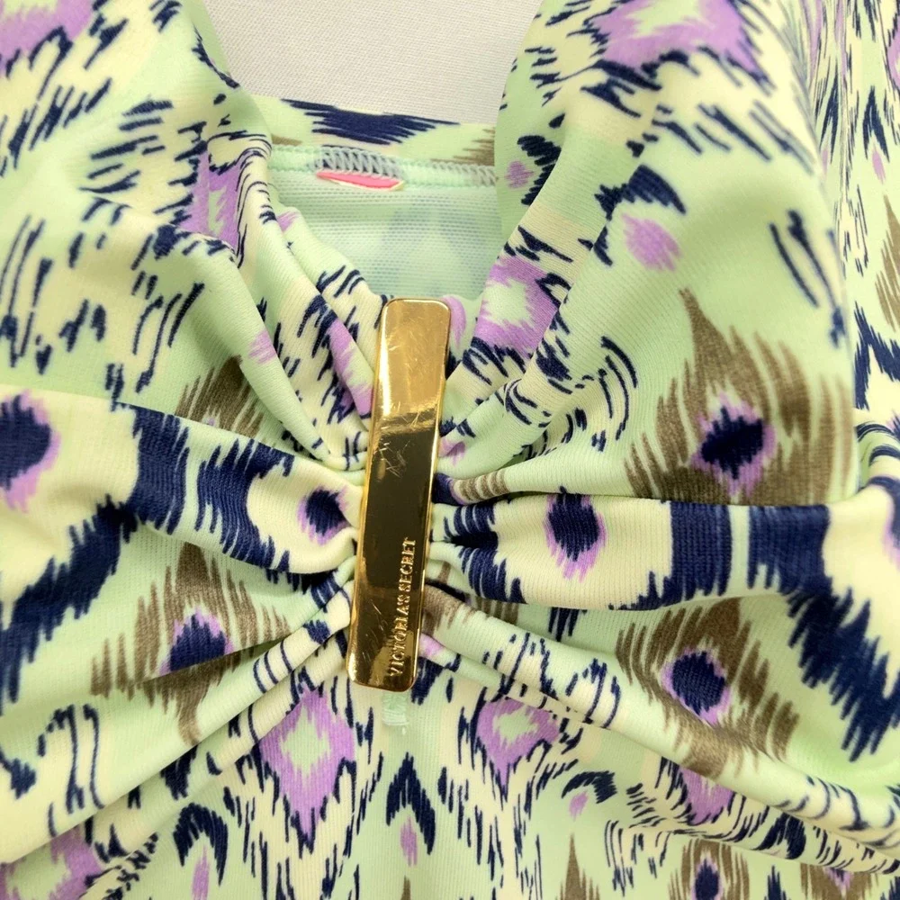 Victorias Secret Tankini Swim Top Mint Purple Ikat Diamond Underwire Gold Logo
